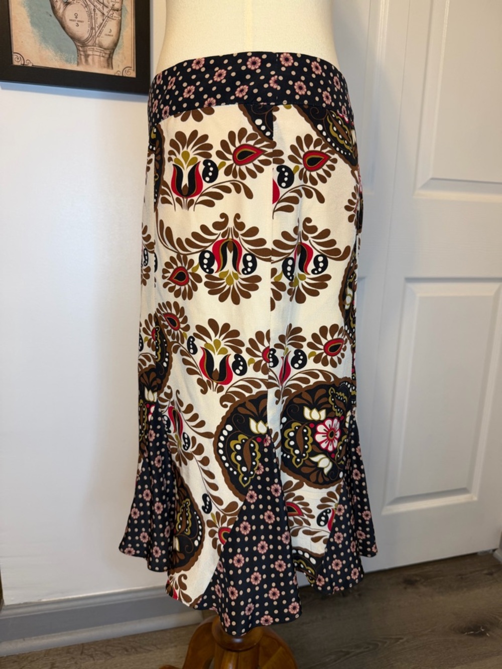 Nanette Lepore 100% Silk Boho Floral Paisley Trumpet Midi Skirt - Picture 8 of 10